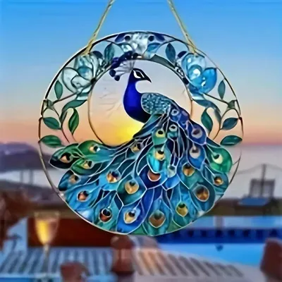 Produktbild von GKA Sonnenfänger Pfau 15 cm Buntglas Lichtfänger Fensterbild Fenster Fensterschmuck Fensterdeko