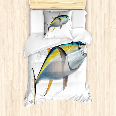 Produktbild von ABAKUHAUS Fisch Mantele, Realistische Gelbflossen-Thunfisch, Milbensicher Allergiker geeignet mit Kissenbezügen, 135 cm x 200 cm - 80 x 80 cm, Erde Gelb Blau