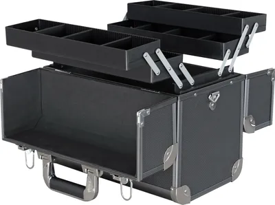Produktbild von HMF Mehrzweckkoffer Aluminium Schwarz, Außen 36.5x35x22 cm, Innen 35x21x20.5 cm, mit 3 Ebenen, 12 variablen Trennwänden, Moosgummipolsterung, abschließbar, Tragegriff & Schultergurt. Leer, 3.00 kg. Ideal als Werkzeug-, Foto- oder Kosmetikkoffer. Modell 14902-02.