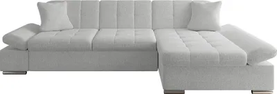A light gray sectional sofa with two throw pillows, shown against a white background.