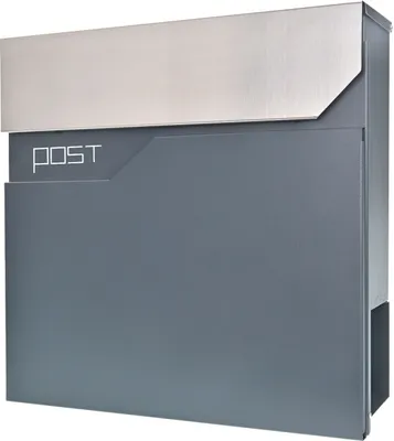 A modern, gray mailbox with a silver lid and the word "POST" printed on the front.