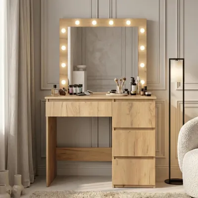 Zdjęcie produktu dla Toaletka kosmetyczna z lustrem do makijażu wizażu z szufladami i oświetleniem LED 90 cm FUNFIT retro brązowa