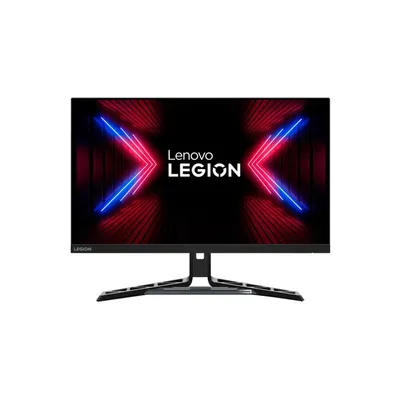 A Lenovo Legion gaming monitor is displayed on its stand against a white background. The monitor screen shows a dynamic graphic with the Lenovo Legion logo.