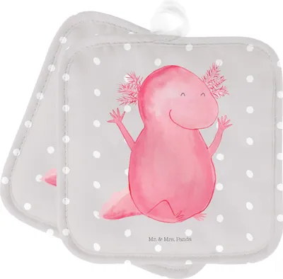 Produktbild von Mr. & Mrs. Panda Topfuntersetzer Axolotl Hurra - Grau Pastell - Geschenk, Fröhlich, Topflappen im Doppelpack, Freude, Ofenlappen, Topflappenset, topfhalter, Schwanzlurch