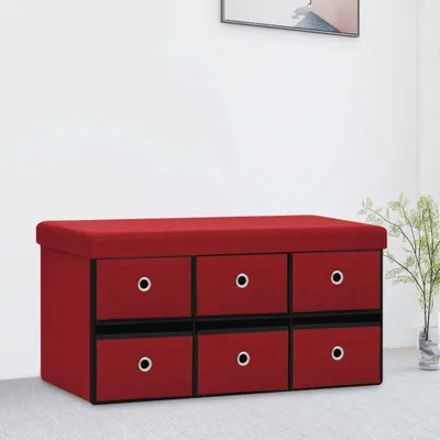 Imagen del producto de The Living Store: Banco plegable con espacio de almacenamiento, color burdeos, 76x38x38 cm, aspecto de lino
