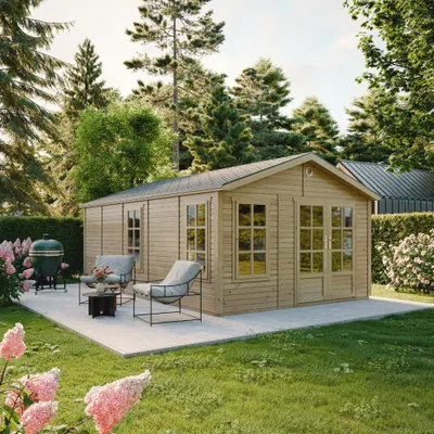 Image de TIMBELA M737A Abri de Jardin en Bois 370 x 600 cm, Cabanon Extérieur avec 3 Fenêtres en Verre Trempé, Portes Doubles Vitrées, Bardeaux Bitumés, Grande Cabane sans Plancher