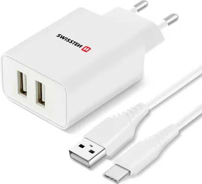 Produktbild von Swissten, Wandladegerät (Dual USB, 2.1A) mit Smart IC und USB-C Kabel, Weiß