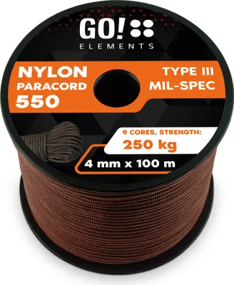 Produktbild von GO!elements 100m Paracord Seil aus reißfester Nylonschnur - 4mm Paracord 550 Typ III Schnur - geeignet als Allzweckseil & Reepschnur - Max. 250kg, Farbe: Braun