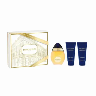A gift set containing a perfume bottle and two lotion tubes, presented on a white background.