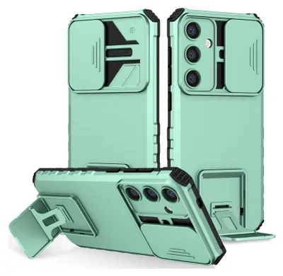 Produktbild von Galaxy S25 Hülle, Dual Layer Ständer Schutzhülle mit Schiebe Kamera Schutz für Samsung Galaxy S25 Türkis