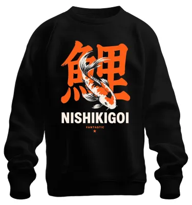 Zdjęcie produktu dla Bluza z kapturem "Nishikigoi Fantastic Koi", japoński motyw, styl Y2K, kaligrafia, motyw Zen, kolor czarny, rozmiar S