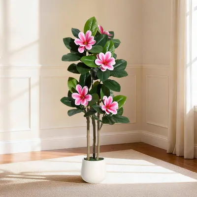 Produktbild von Künstlicher Magnolienbaum 120 cm in Rosa – Täuschend echte Kunstpflanze mit natürlichem Wuchs im Pflanztopf, für Wohnzimmer & Büro