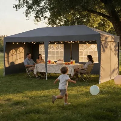 Produktbild von ACXIN Pavillon 3x6 m faltbar wasserdicht UV-Schutz mit 6 Seitenwänden (Fenster & Reißverschluss), vielseitiges Party- & Garten-Zelt inkl. Tasche – Grau