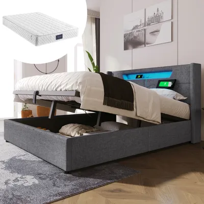 Produktbild von MODFU Boxspringbett Hydraulisches 160 x 200 cm mit LED-Beleuchtung, Polsterbett Funktionelles mit USB-Ladeanschluss, Doppelbett Stauraumbett mit Bettkasten Stauraum, Leinenmaterial Grau(Mit Matratze)