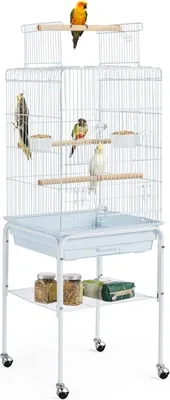 Produktbild von Yaheetech Vögelkäfig für Wellensittich Kanarien Papageien, Vogelbauer mit Ständer & Spielzeug & Stauraum, 46,5 x 46,5 x 136 cm, Weiß