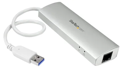 Produktbild von StarTech.com 3-Port USB Hub mit Ethernet, USB-A Ports, Gigabit Ethernet/GbE, USB 5Gbps, Robustes Design, USB-Busbetrieben, Tragbarer Laptop USB 3.0 Hub, Kabelgebunden, USB, Ethernet, 5000 Mbit/s, Silber, Weiß
