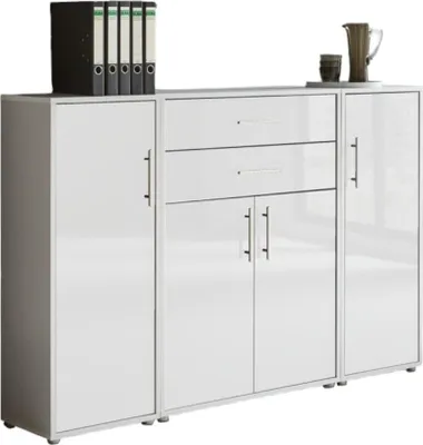 Produktbild von Aktenschrank TABOR 16 in lichtgrau / weiß Hochglanz, Schrankwand, Büroschrank, Metallgriffe