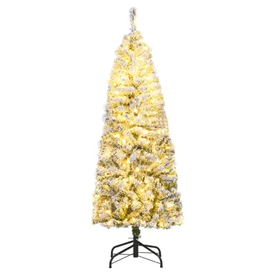 A slim artificial Christmas tree with white flocking and warm white LED lights, standing on a black metal stand.