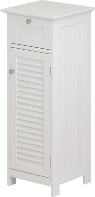 A white cabinet with a drawer and a louvered door.