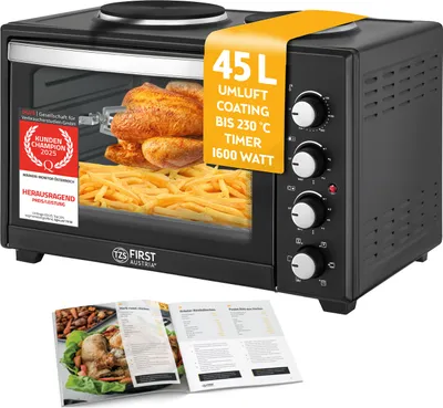 Produktbild von TZS First Austria Minibackofen mit Kochplatten 45L, Pizzaofen, Minibackofen mit Umluft, 3200W, max 230°C, Innenbeleuchtung - Mini Backofen