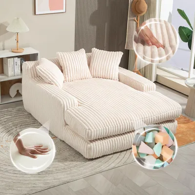 Image de Sweiko Canapé-lit moderne en velours côtelé Cloud Couch avec 3 coussins moelleux, canapé-lit confortable à une place pour salon appartement bureau (Beige)