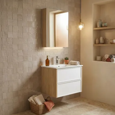 Image de Ensemble salle de bain 59,5 cm blanc bois 2 tiroirs vasque miroir, Image générée par une IA