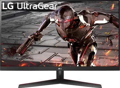 A gaming monitor displaying a futuristic warrior character with a gun.