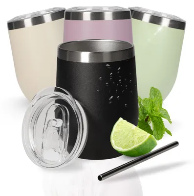 Immagine prodotto di Bicchiere per vino da 350 ml "Vinova" - bicchiere in acciaio inossidabile a doppia parete che mantiene le bevande fredde a lungo - bicchiere con coperchio e cannuccia - colore nero