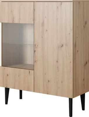 Image de BERGEN Armoire, commode avec façade en verre, armoire à portes vitrées, 100x123x37, chêne ARTISAN, pieds en bois noirs, style scandinave