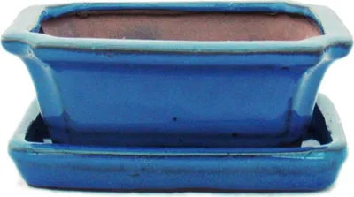Produktbild von Bonsai-Schale mit Unterteller Gr. 1 - Blau -  eckig - Modell G13 - L 12cm - B 9,5cm - H 4,5 cm