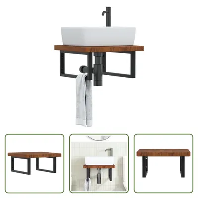 Image de The Living Store Plan de toilette avec support Acier et bois massif Chêne