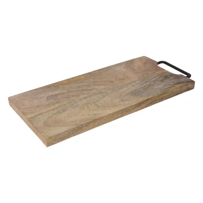A wooden cutting board with a black handle, shown from a diagonal angle against a white background.
