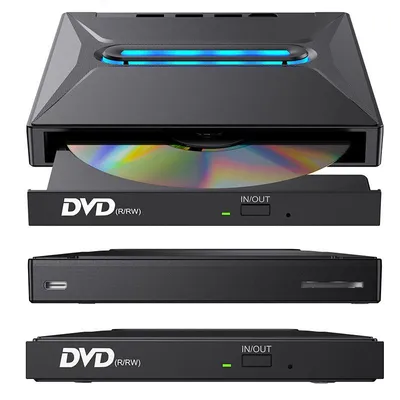 Zdjęcie produktu dla AIORBER Zewnętrzny napęd DVD USB typu C Nagrywarka CD/DVD z czytnikiem kart SD, cicha, dioda LED, wiele złączy, Plug & Play, czarny