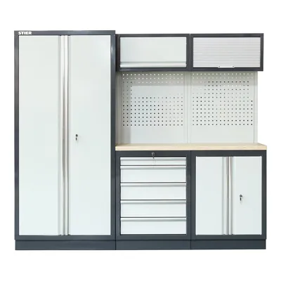 Produktbild von STIER Werkstatteinrichtung Basic, 3-teilig, modular, mit Lochwand und Multiplex-Arbeitsplatte, BxTxH 2275x460x2000mm
