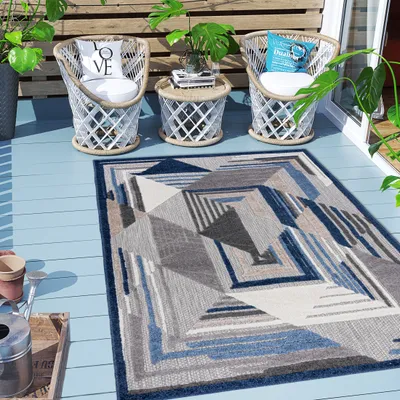 Produktbild von Carpeto Rugs Geometrisch In- & Outdoor Teppich Wetterfest für Balkon, Terasse - Balkon Teppich Wasserfest - Outdoorteppich Wetterfest - Aussenteppich Terrasse Groß - Grau Blau 3 - 80 x 150 cm