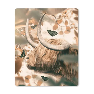 Produktbild von MuchoWow® Mauspad Mousepad Schottische Highlander - Schmetterlinge - Hoorn 19x23 cm - Mousepads - Maus Mat - Pad - Mausunterlage - Mauspads - Spielen