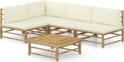 Produktbild von 5-tlg. Garten-Lounge-Set mit Cremeweißen Kissen Bambus