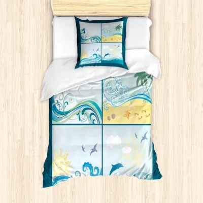 Produktbild von ABAKUHAUS Strand Mantele, Maritime Themed Waves, Milbensicher Allergiker geeignet mit Kissenbezügen, 135 cm x 200 cm - 80 x 80 cm, Blau Beige Grün
