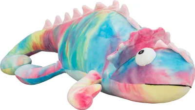 A plush toy chameleon lying down against a white background.