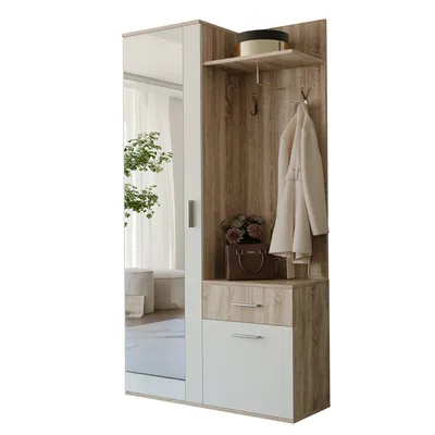 Produktbild von IDOHOME-Garderobenschrank LEA mit Schuhschrank Garderobenständer und Spiegel für den Flur Sonoma Weiß Haken Schuhregale Kleiderständer 97x195x30 cm