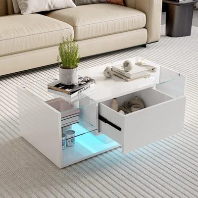 Image de Table basse laquée blanche avec éclairage LED - 104x53x46 cm - Bois et verre - Salon