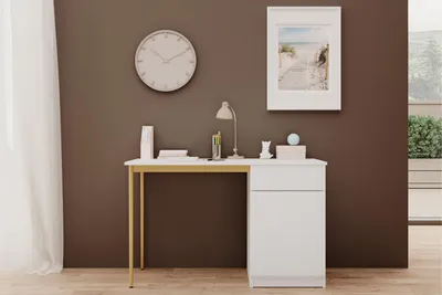 Obrázok produktu pre Stôl Nicole 120 Cm So Zásuvkou Biely Matný - Elegantné Zlaté Nohy