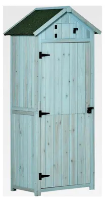 Produktbild von Gartenschrank aus Holz, wetterfester Geräteschuppen 77x54,2x179cm, Gerätehaus mit Tür, Satteldach, Geräteschrank mit Regalen, Werkzeugschrank für Garten und Terrasse, Hellblau+Grün