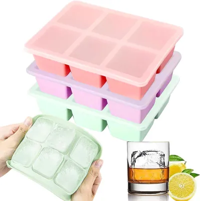 Immagine prodotto di Stampo per cubetti di ghiaccio - 3 pezzi - Stampo grande per cubetti di ghiaccio con coperchio - Impilabile e adatto al lavaggio in lavastoviglie - In silicone, ideale per il whisky