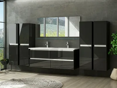 Produktbild von Badmöbel Set Schwarz Hochglanz Badezimmermöbel 120 cm bis  Tlg doppelwaschtisch mit 2x Schublade