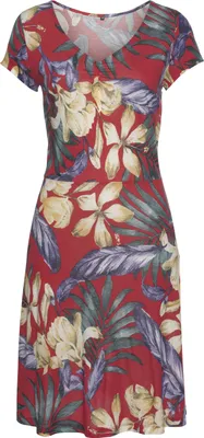 Produktbild von LASCANA Sommerkleid mit V-Ausschnitt und Alloverdruck, Jerseykleid rot-blau-bedruckt Größe 40