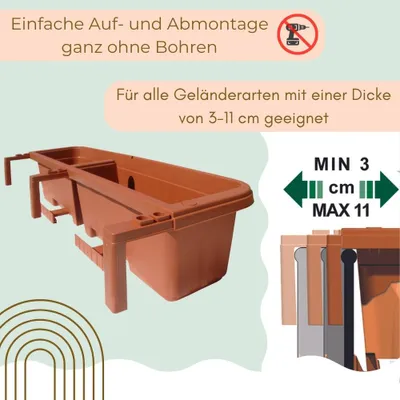 Produktbild von 4er Set Blumenkasten Balkon Terracotta 80 cm Balkonkasten mit Halterung Pflanzkasten mit Wasserspeicher Blumenkasten Balkongeländer Geländerkasten ohne Bohren