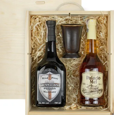 Produktbild von Geschenkset mit 2 Mets und Keramikbecher in Holzbox | Dwójniak- Halber: Grunwaldzki, Palacio Mel| Honigwein 1250ml | 16% Alkohol Metwein | Polnische Produktion
