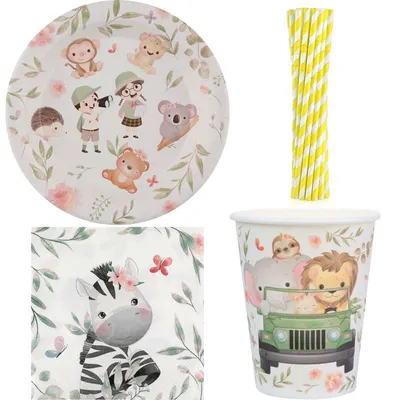 Produktbild von 52 tlg. Partyset Baby Dschungel Tiere Geburtstagsdeko Teller Becher Servietten