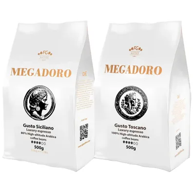 Produktbild von Megadoro Sеt Gusto Toscano und Gusto Siciliano Kaffeebohnen 100% Arabica 2x500g